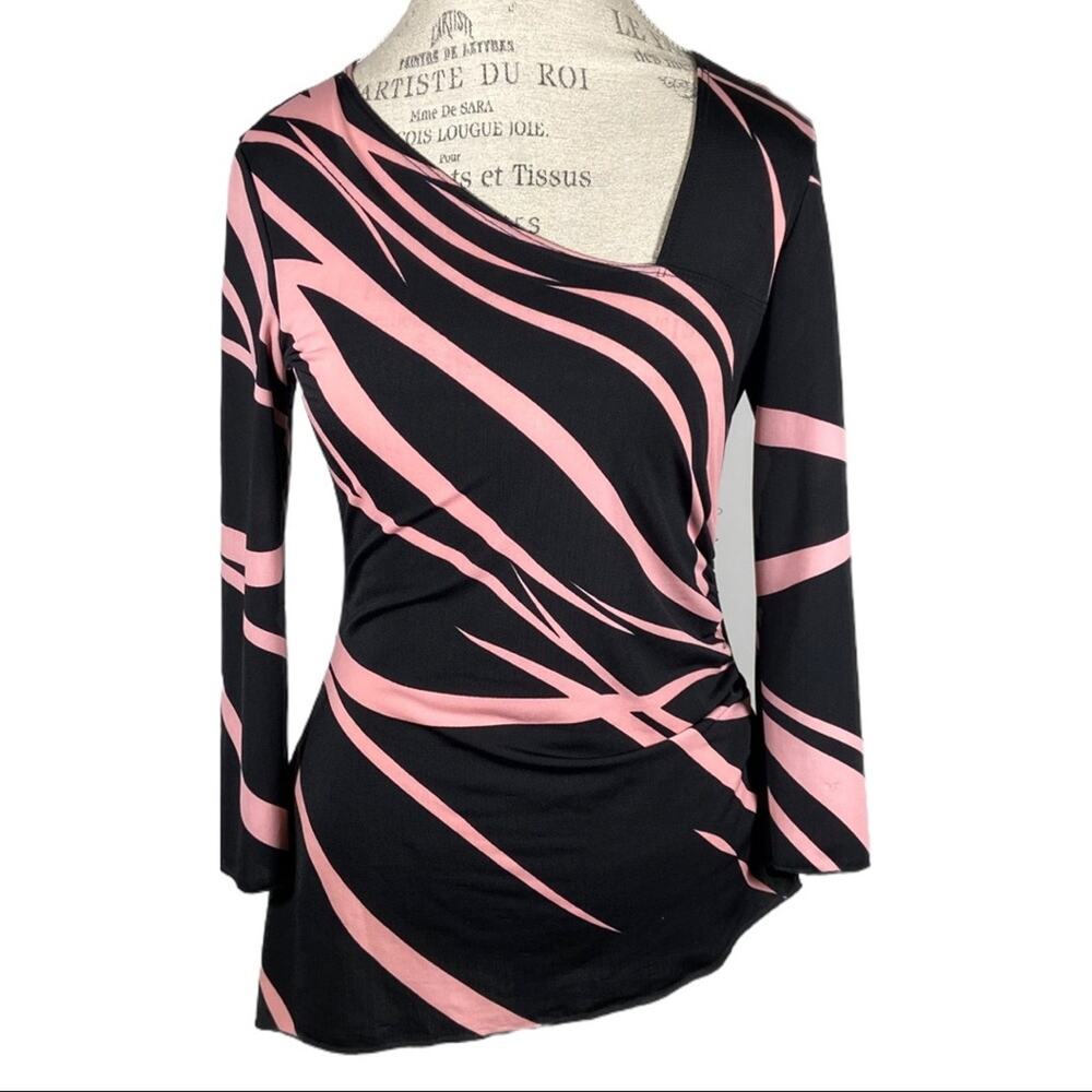 Vintage Y2K Black Pink Zebra Stripe Asymmetrical Neckline & Hem Long Sleeve
